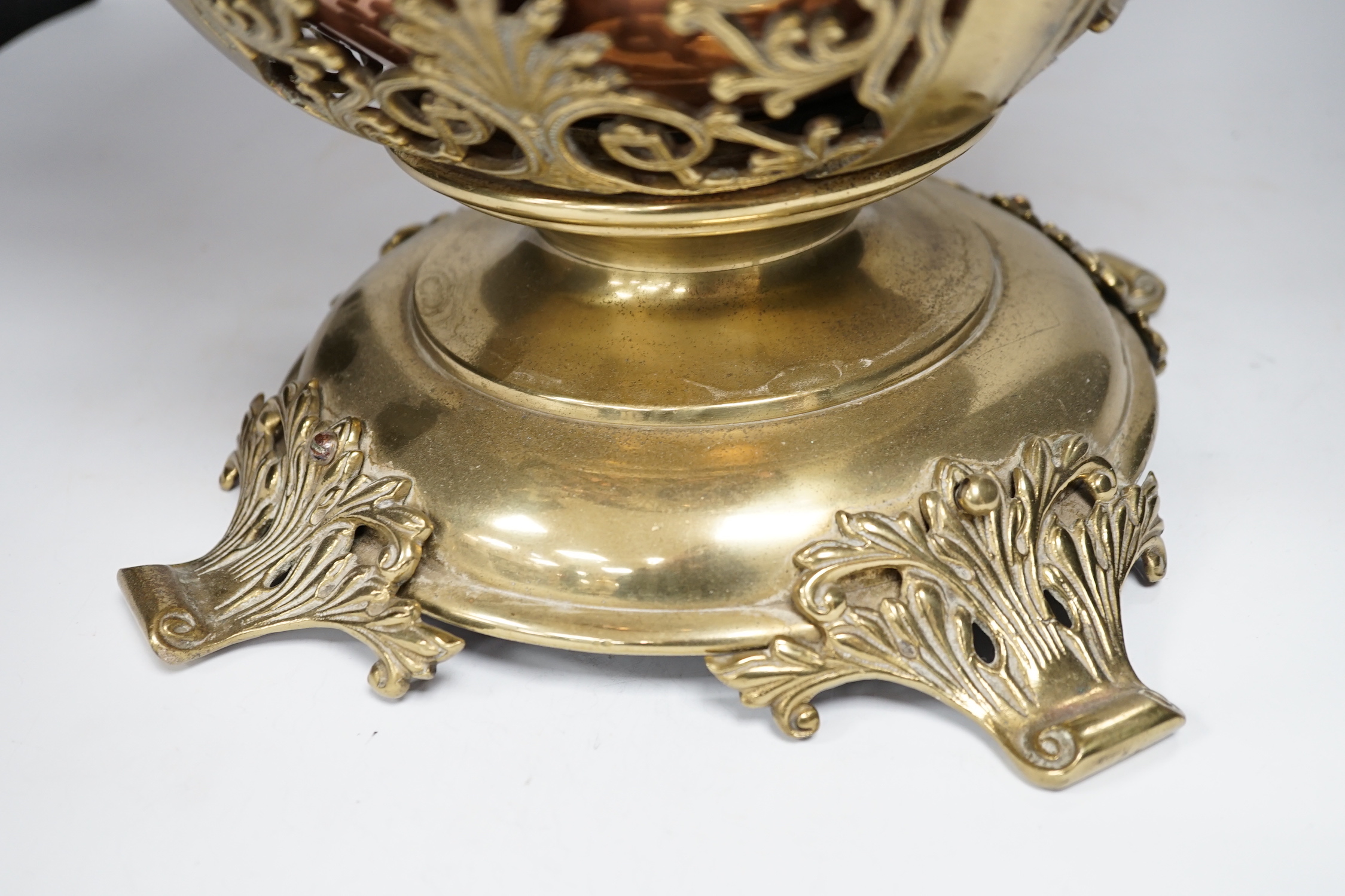 A Victorian copper and brass lidded tureen and assorted metalware, largest 57cm high